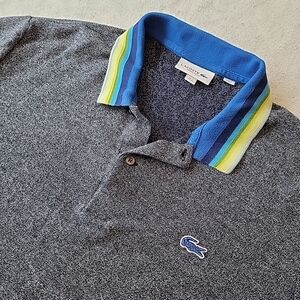 Lacoste Polo Shirt Men's FR 7 US 2XL Blue Striped Collar Blue Croc Pique Preppy